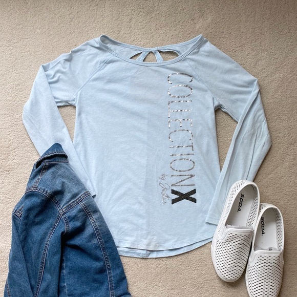 Girls Pastel Blue Open Back Long Sleeve Top - Picture 1 of 5